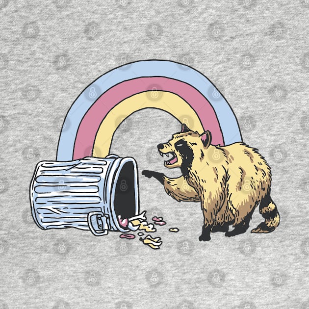 Rainbow raccon in the trash by Christyn Evans